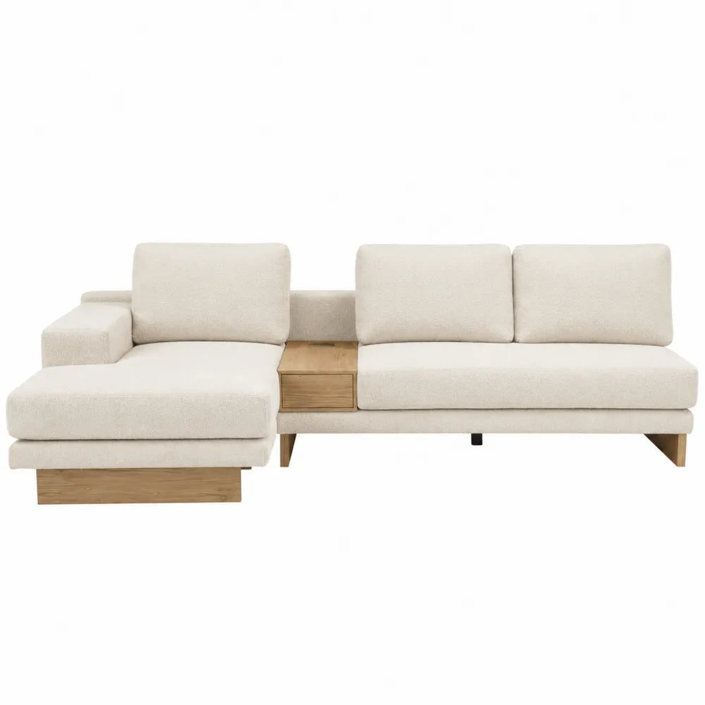 Divano angolare in tessuto beige con struttura in legno di rovere
