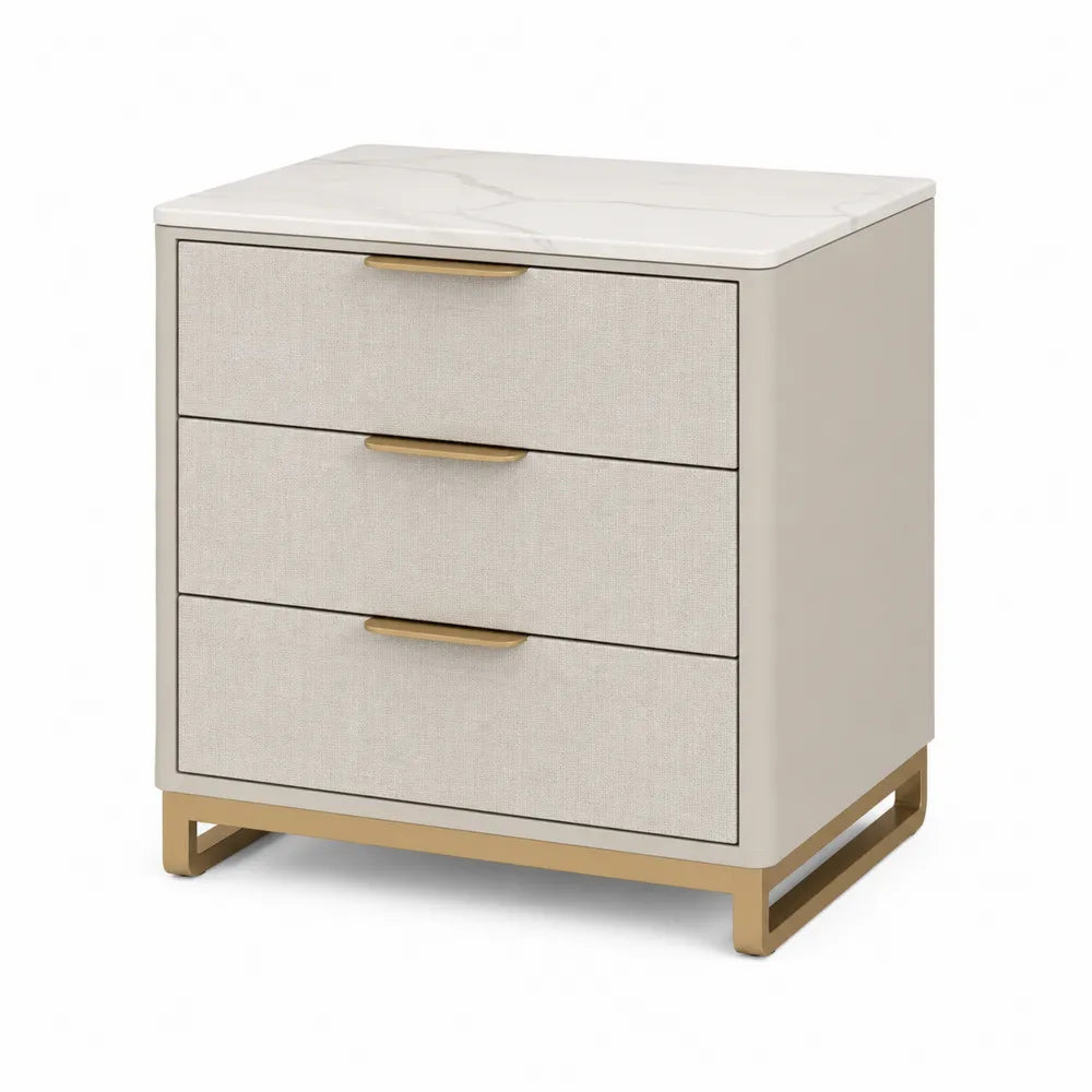 Comodino con 3 cassetti in legno e metallo, 60x40x70 cm, crema e oro
