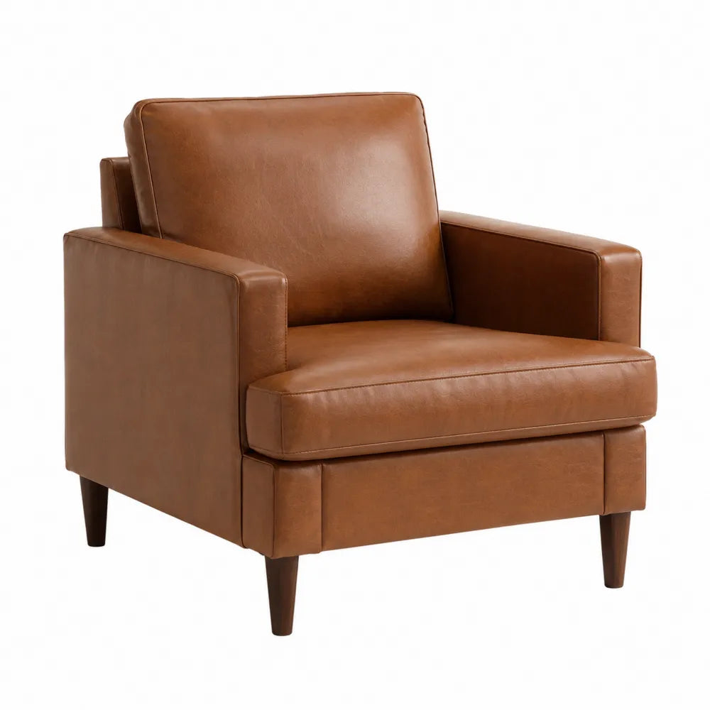 Poltrona in Pelle Marrone con Gambe in Legno