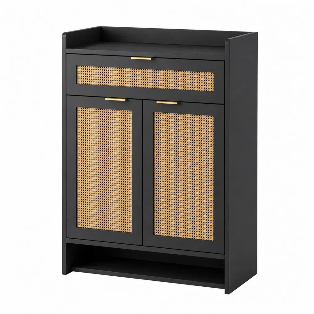 Scarpiera in Legno Nero e Rattan con Cassetto