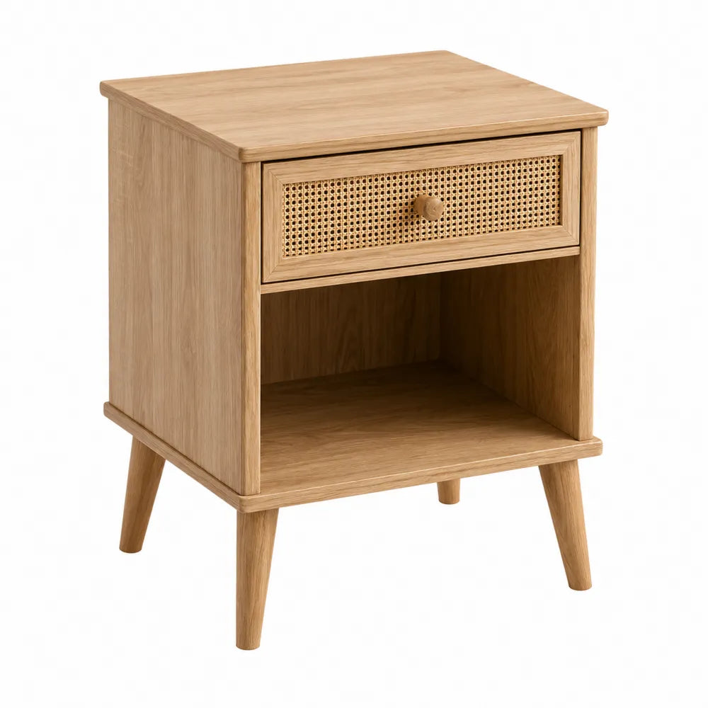 Comodino in legno con cassetto in rattan