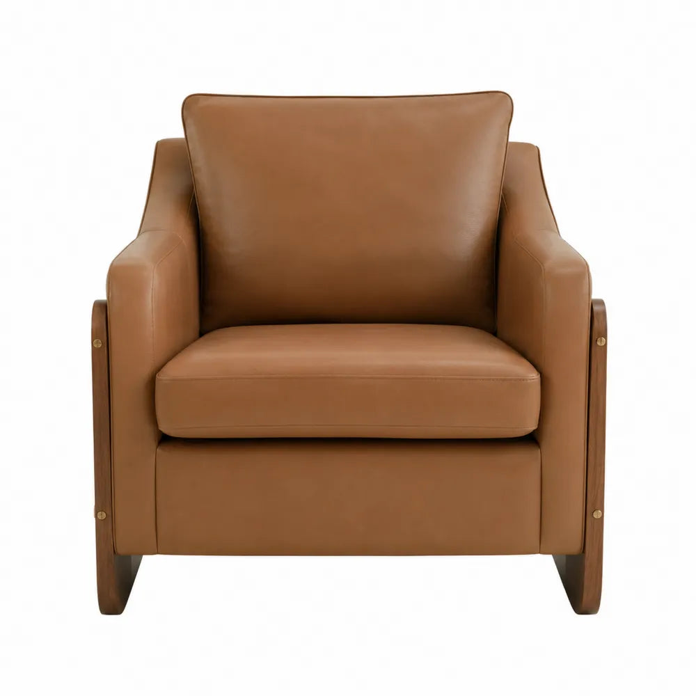Poltrona in Pelle Marrone con Struttura in Legno Massello