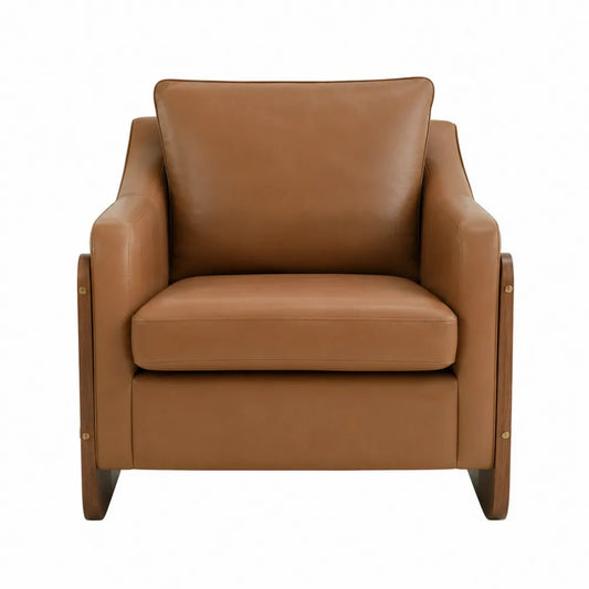 Poltrona in Pelle Marrone con Struttura in Legno Massello