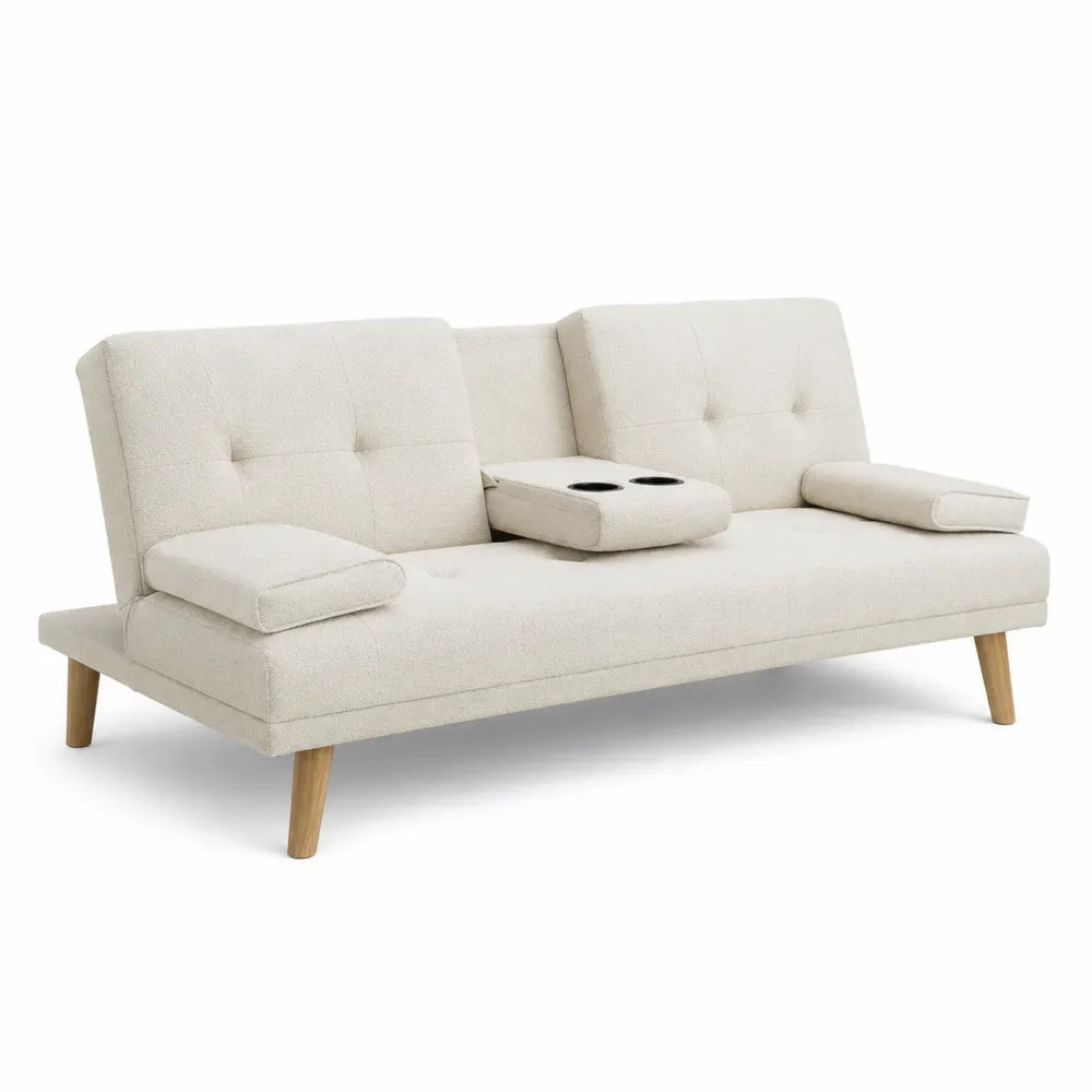 Divano letto in tessuto beige con braccioli e portabicchieri, 3 posti