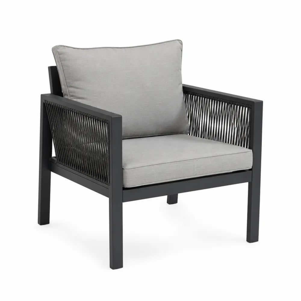 Poltrona in metallo nero con cuscini in poliestere grigio
