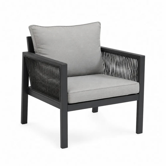 Poltrona in metallo nero con cuscini in poliestere grigio
