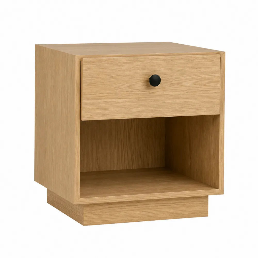 Comodino in legno di rovere con cassetto e vano aperto