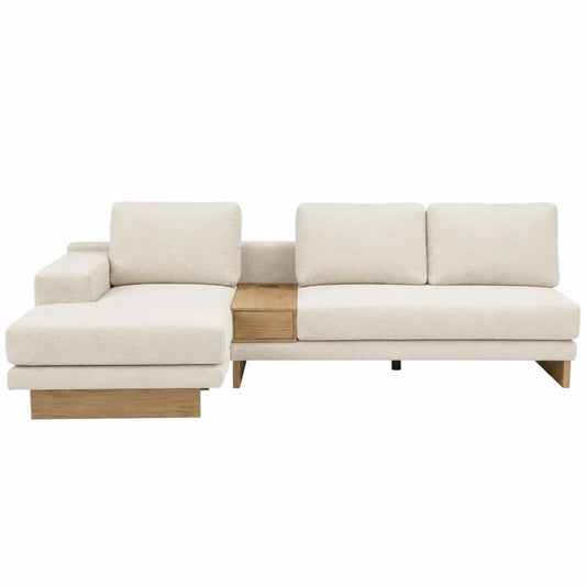 Divano angolare in tessuto beige con struttura in legno di rovere