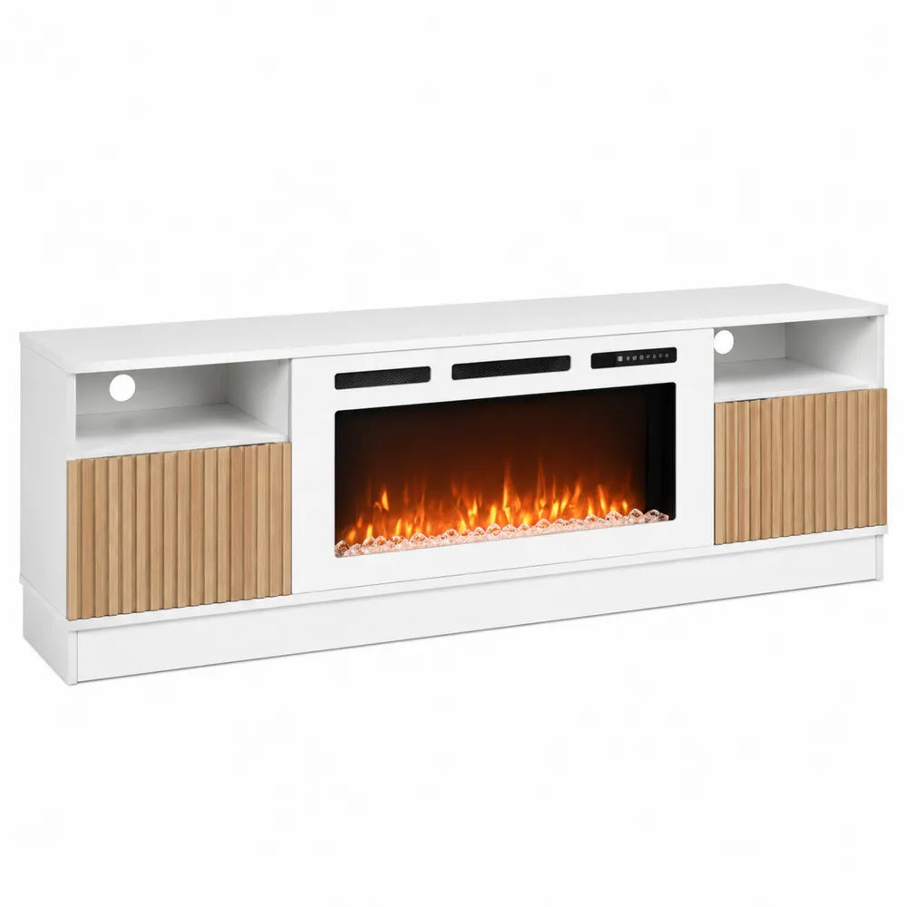 Mobile TV con Camino Elettrico in Legno e MDF Bianco/Naturale 180x40x55 cm