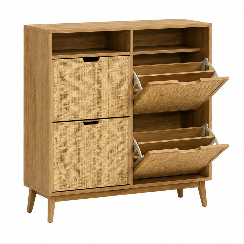 Scarpiera in legno e rattan con 4 scomparti