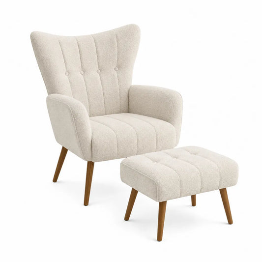Poltrona con Poggiapiedi in Tessuto Beige con Gambe in Legno