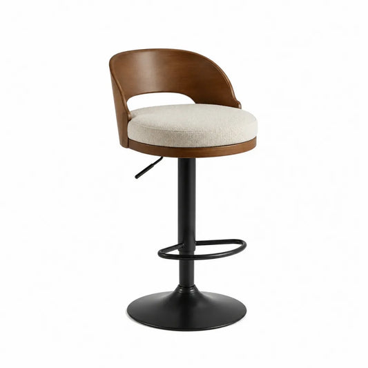 Sgabello da bar in legno e tessuto crema con base in metallo