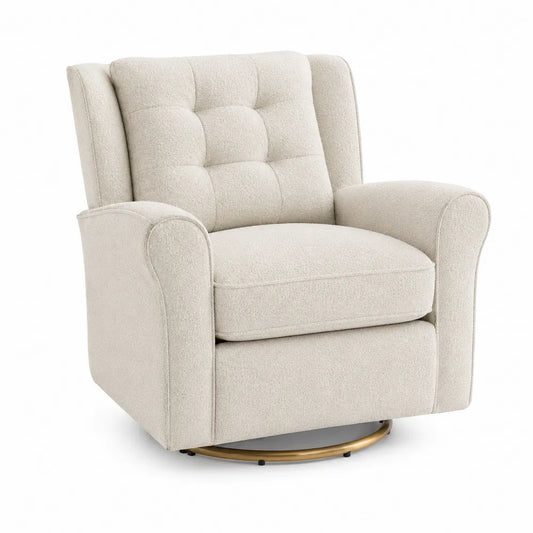 Poltrona Rotante in Tessuto Beige con Base in Metallo