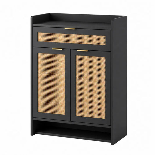 Scarpiera in Legno Nero e Rattan con Cassetto